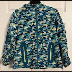 Lands End Kids Size Medium (10-12) Multicolored Geometric Hooded Puffer Jacket